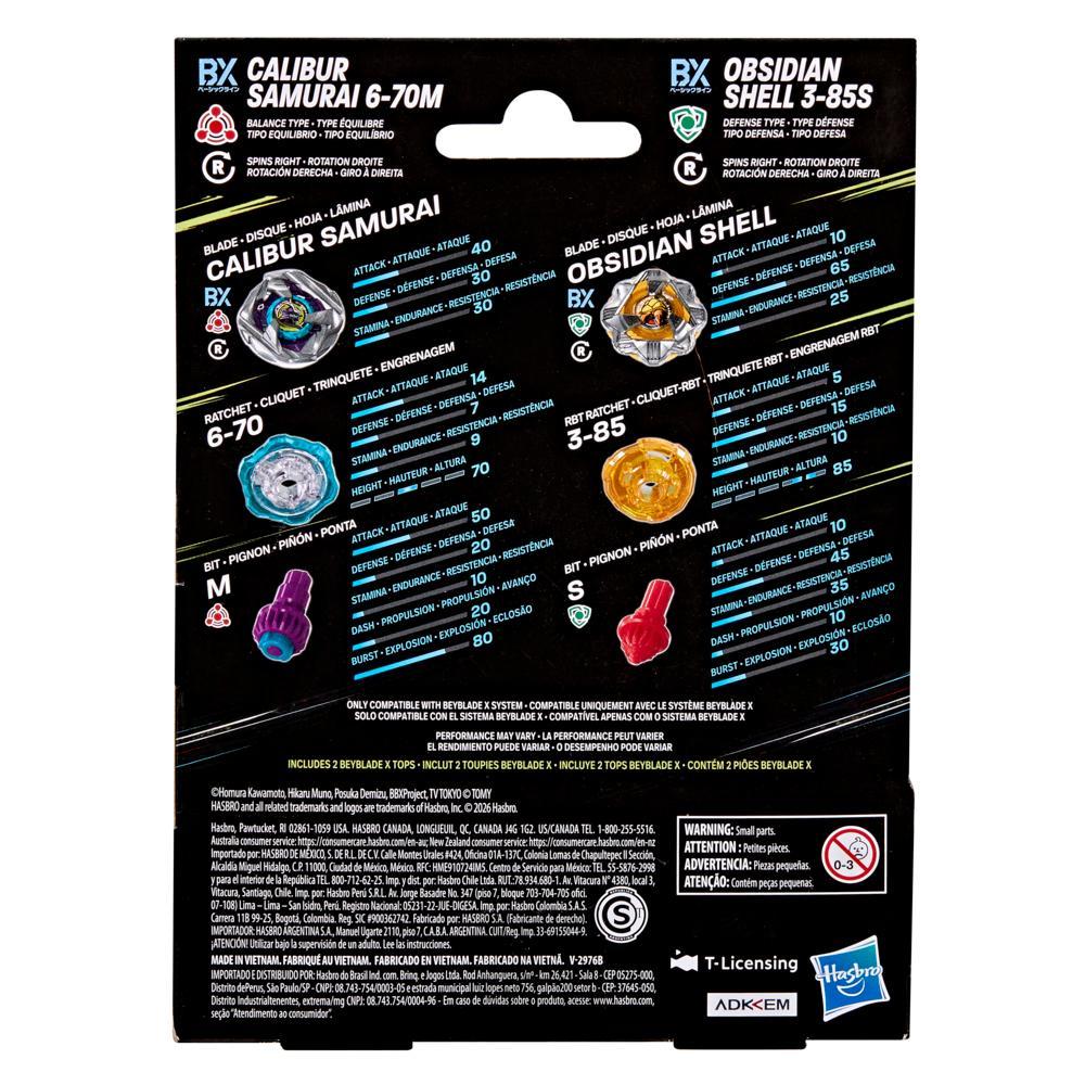 Hasbro Beyblade X Calibur Samurai 6-70M BX & Obsidian Shell 3-85S BX Dual Pack Set