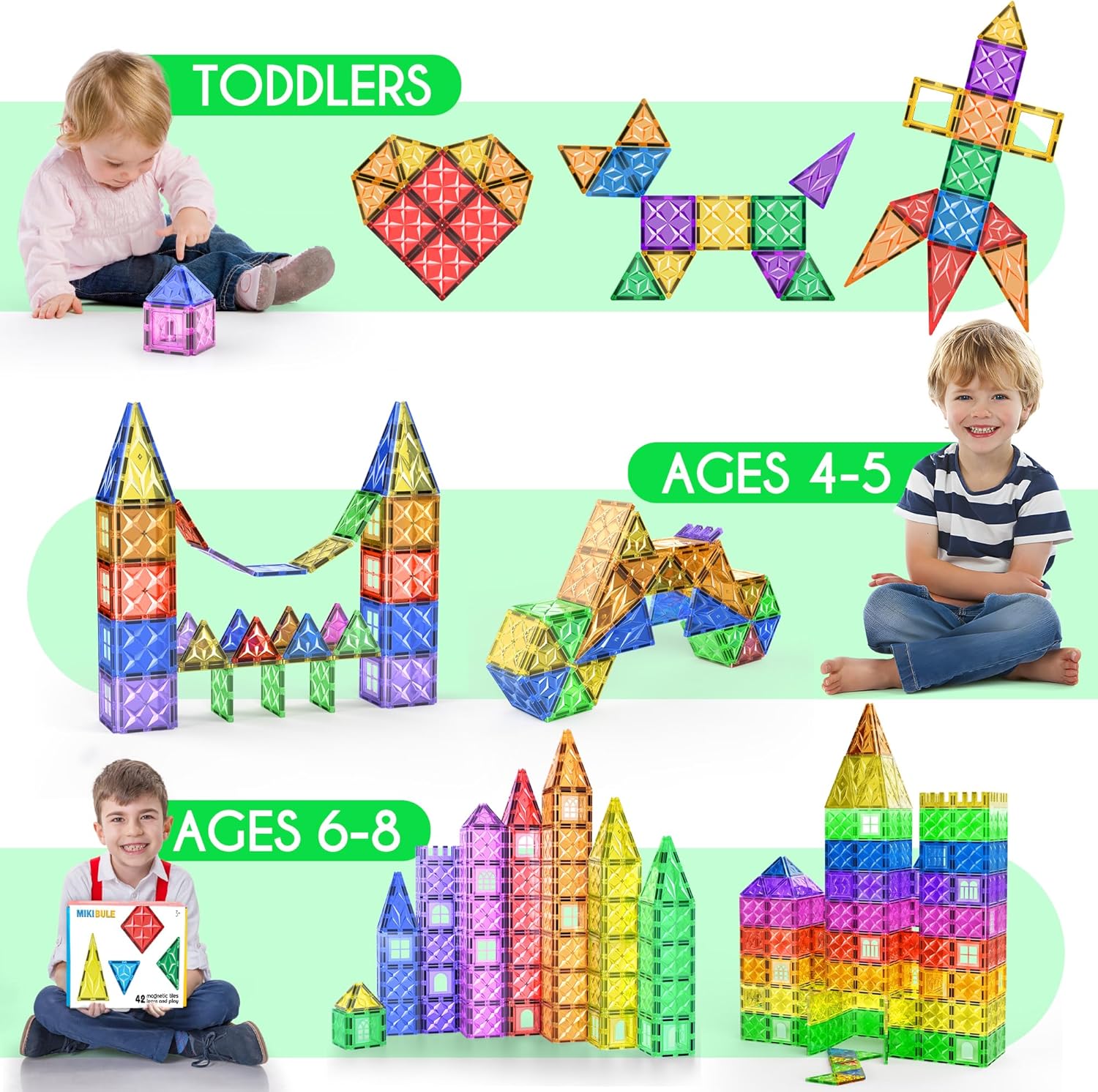 MIKIBLUE Magnetic Building Tiles Set for Kids 42 PCS Magna Blocks