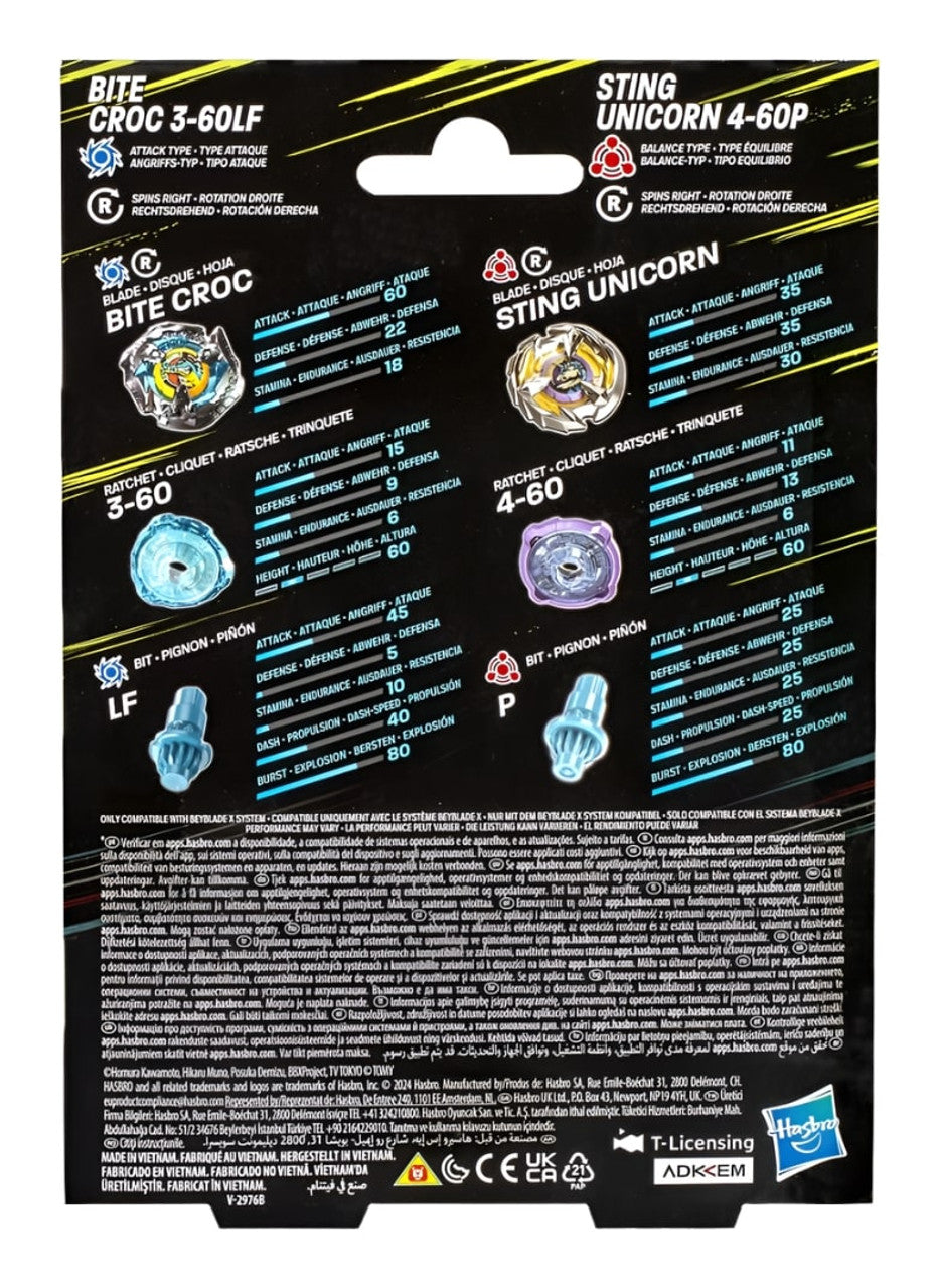 Hasbro Beyblade X Bite CROC 3-0LF and Sting Unicorn 4-60P  Description 