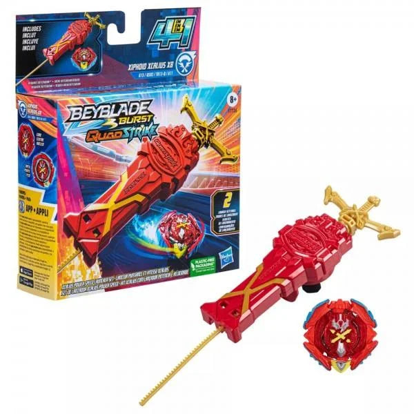 Beyblade and launcher included in Hasbro Beyblade Burst QuadStrike Xcalius Power Speed Launcher Pack.